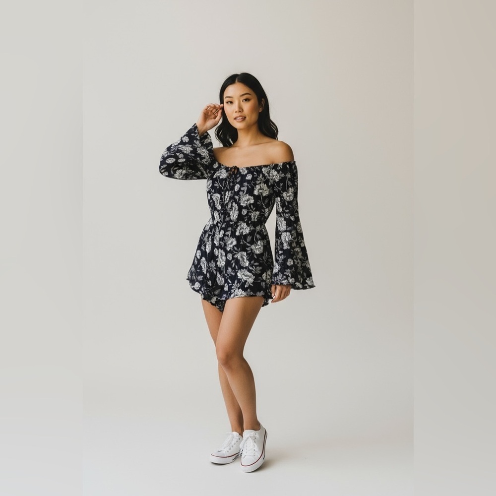 Favlux Navy Floral Bell-Sleeve Romper – Size Small
